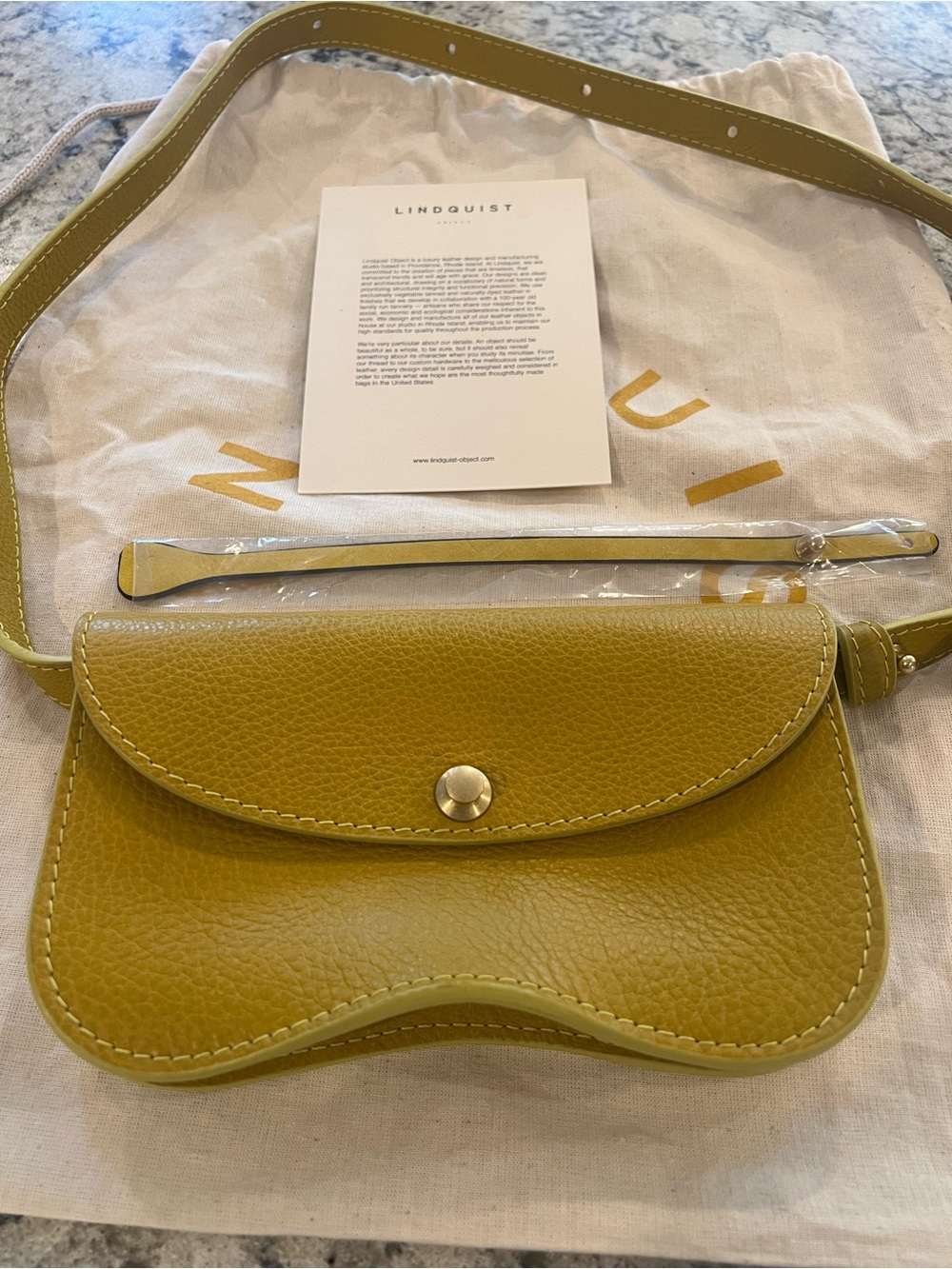 Lindquist Faba In Chartreuse with shoulder strap and wrist strap and bag